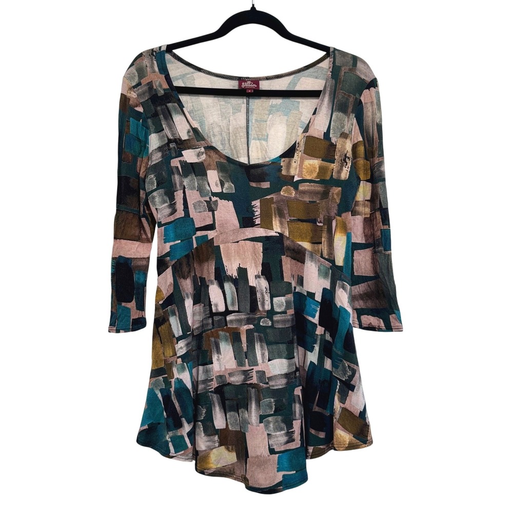 Salaam Abstract Print Tunic Top 3/4 Sleeve Scoop Neck Artsy‎ Made in USA S Boho